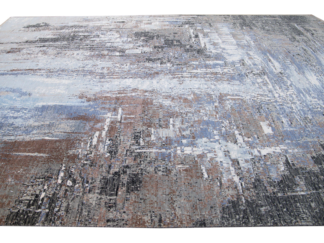 Modern Indian Handmade Abstract Blue Wool and Silk Rug