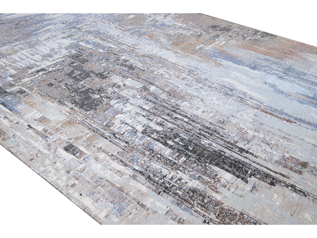 Modern Indian Handmade Abstract Blue Wool and Silk Rug