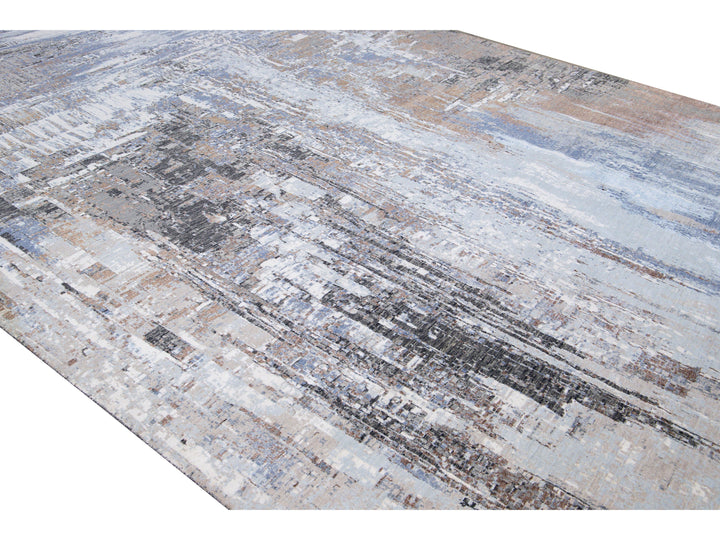 Modern Indian Handmade Abstract Blue Wool and Silk Rug