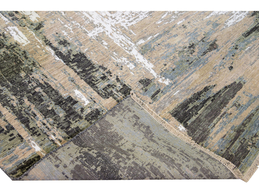 Modern Indian Abstract Beige and Gray Handmade Wool and Silk Rug