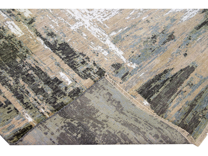 Modern Indian Abstract Beige and Gray Handmade Wool and Silk Rug