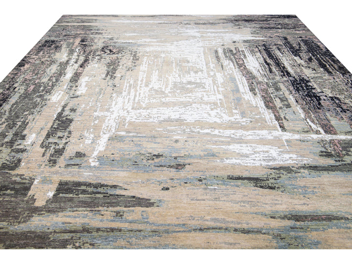 Modern Indian Abstract Beige and Gray Handmade Wool and Silk Rug