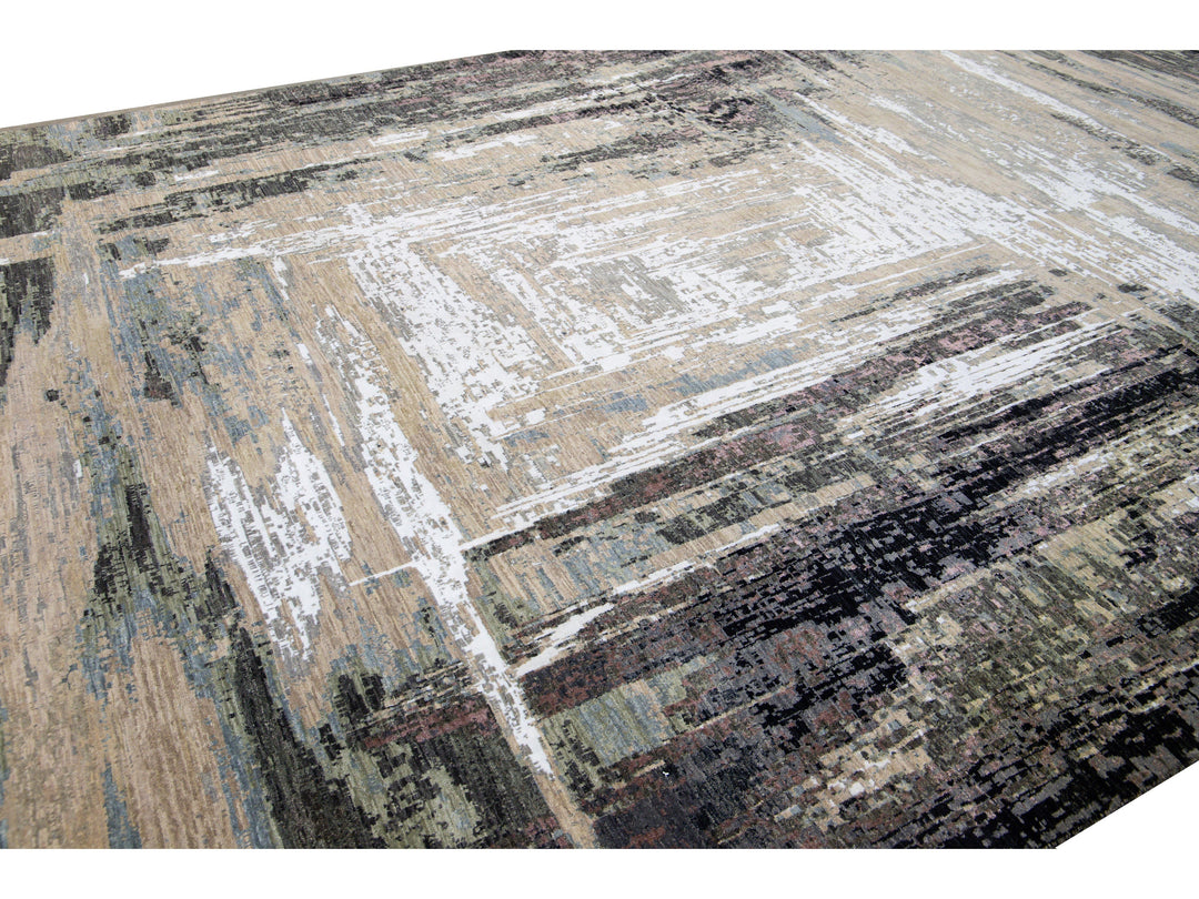 Modern Indian Abstract Beige and Gray Handmade Wool and Silk Rug