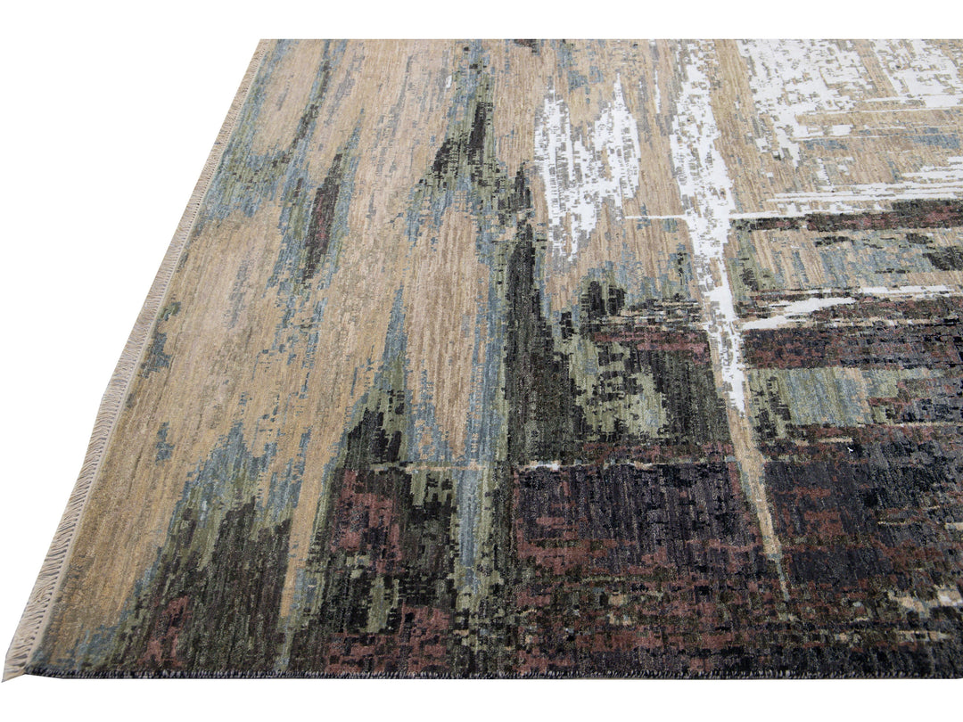 Modern Indian Abstract Beige and Gray Handmade Wool and Silk Rug