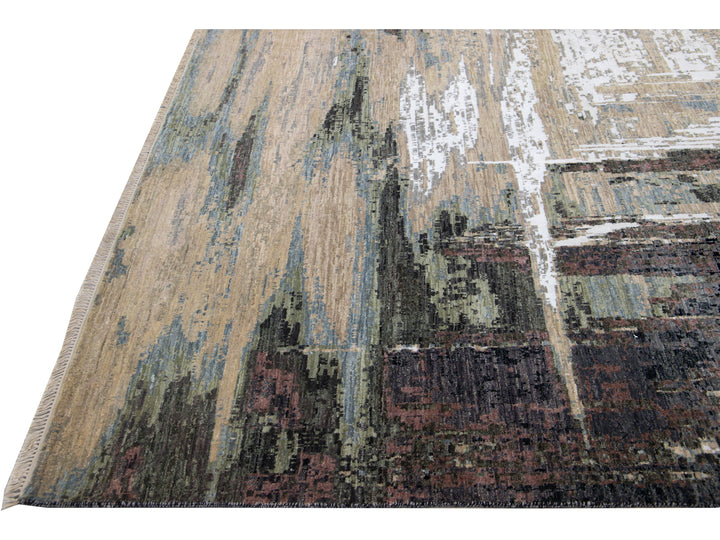 Modern Indian Abstract Beige and Gray Handmade Wool and Silk Rug