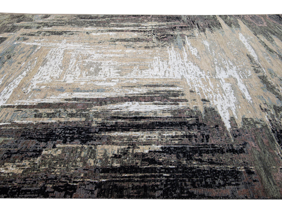 Modern Indian Abstract Beige and Gray Handmade Wool and Silk Rug