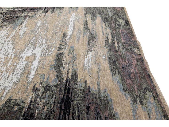Modern Indian Abstract Beige and Gray Handmade Wool and Silk Rug