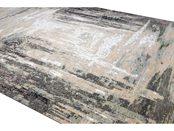 Modern Indian Abstract Beige and Gray Handmade Wool and Silk Rug