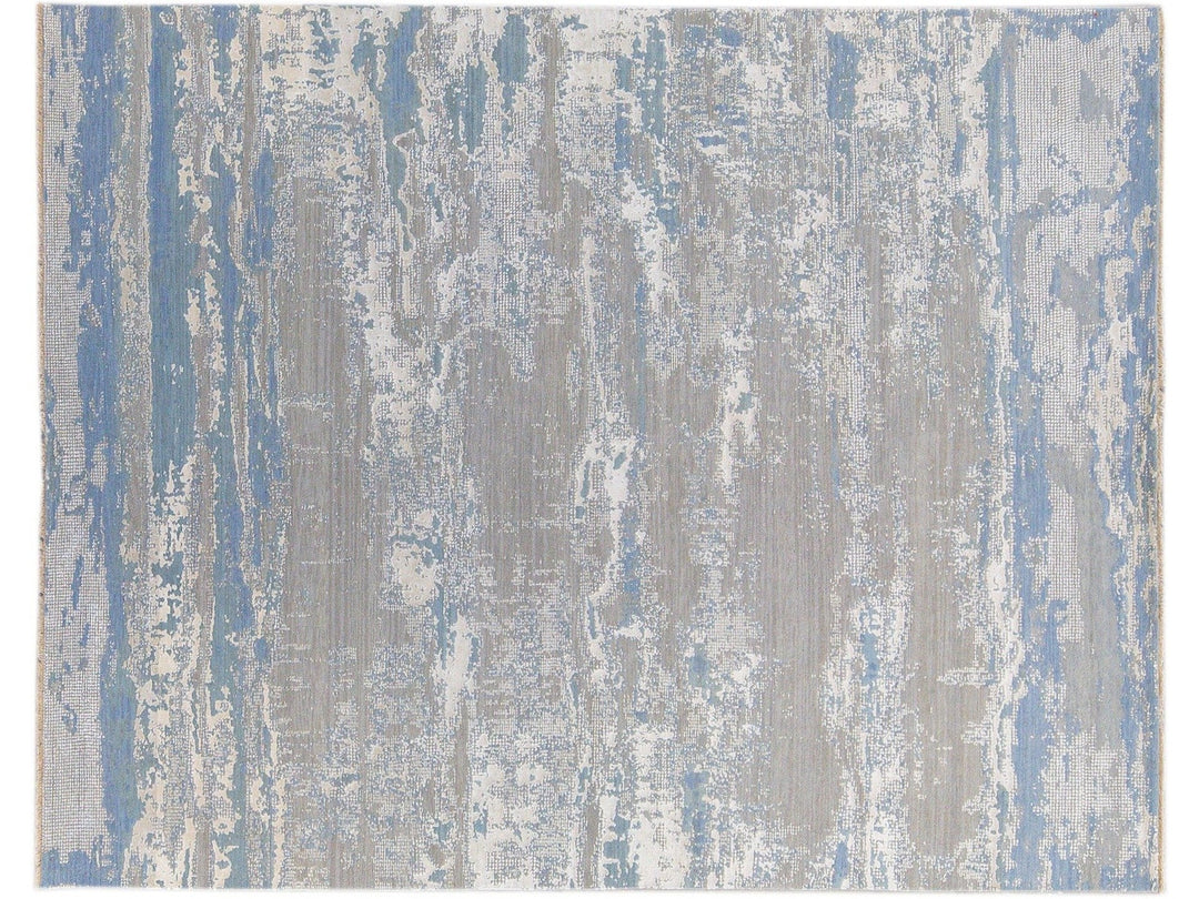 Modern Abstract Indian Handmade Blue and Gray Wool and Silk Rug