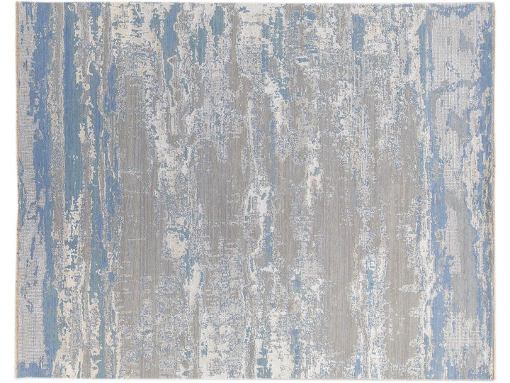 Modern Abstract Indian Handmade Blue and Gray Wool and Silk Rug