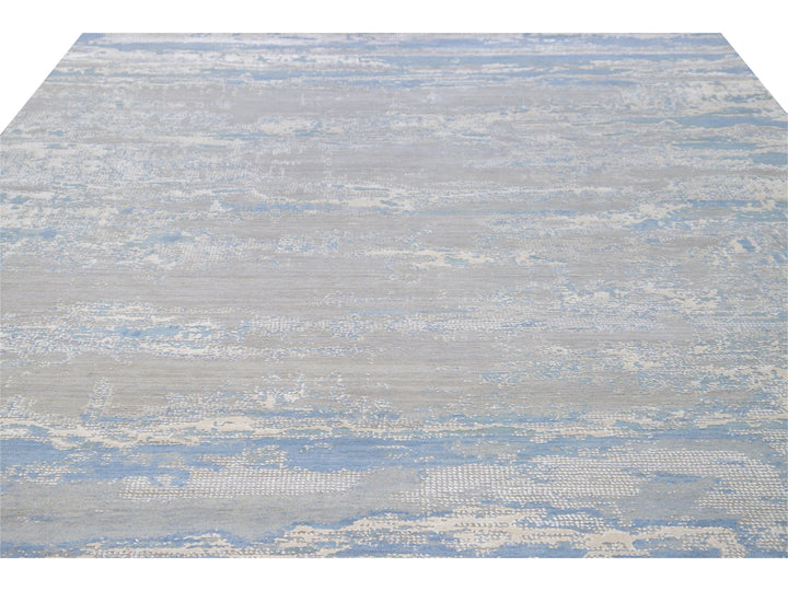 Modern Abstract Indian Handmade Blue and Gray Wool and Silk Rug