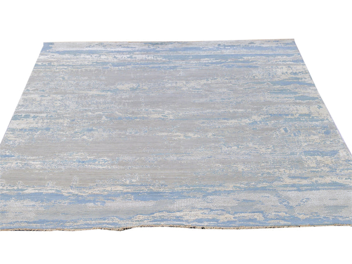 Modern Abstract Indian Handmade Blue and Gray Wool and Silk Rug