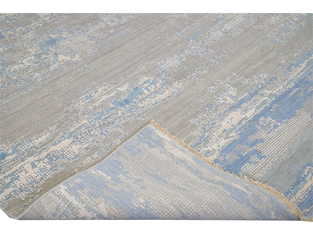 Modern Abstract Indian Handmade Blue and Gray Wool and Silk Rug
