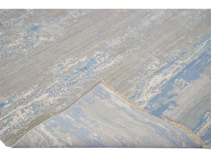 Modern Abstract Indian Handmade Blue and Gray Wool and Silk Rug