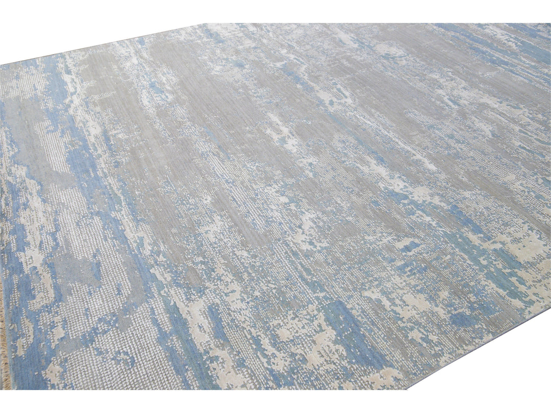 Modern Abstract Indian Handmade Blue and Gray Wool and Silk Rug