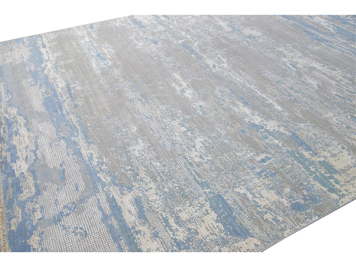 Modern Abstract Indian Handmade Blue and Gray Wool and Silk Rug