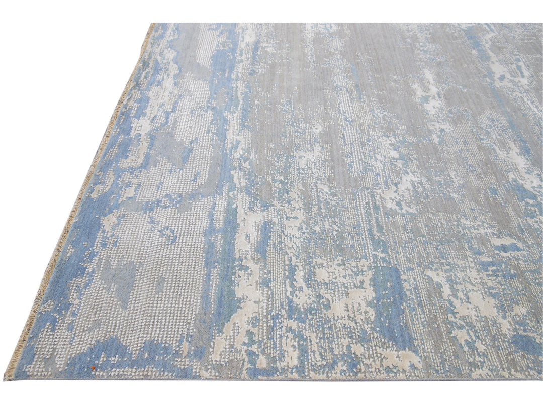 Modern Abstract Indian Handmade Blue and Gray Wool and Silk Rug