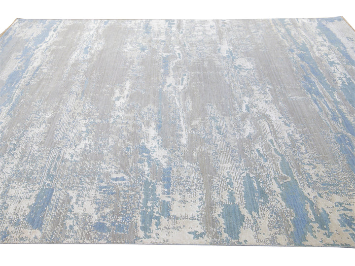 Modern Abstract Indian Handmade Blue and Gray Wool and Silk Rug