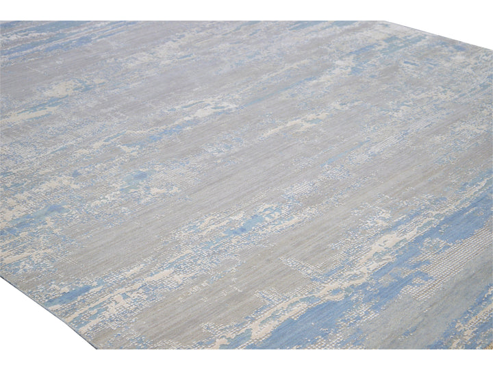 Modern Abstract Indian Handmade Blue and Gray Wool and Silk Rug