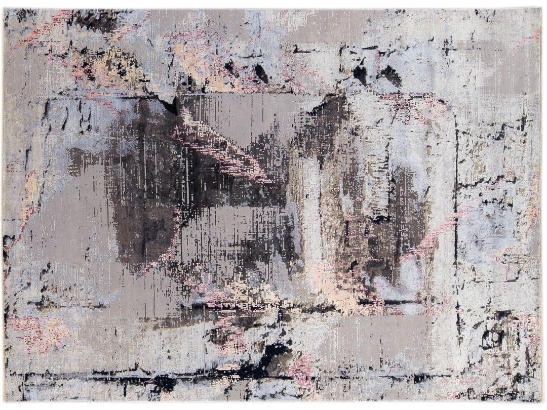Modern Indian Handmade Gray Abstract Wool and Silk Rug