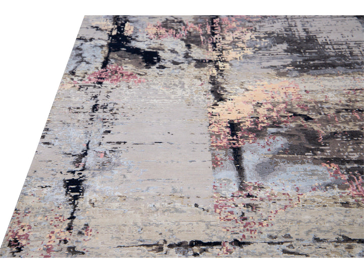 Modern Indian Handmade Gray Abstract Wool and Silk Rug