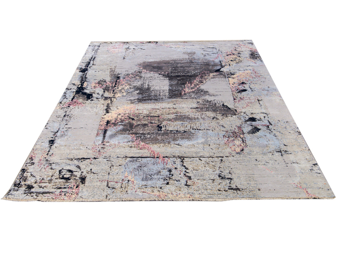 Modern Indian Handmade Gray Abstract Wool and Silk Rug