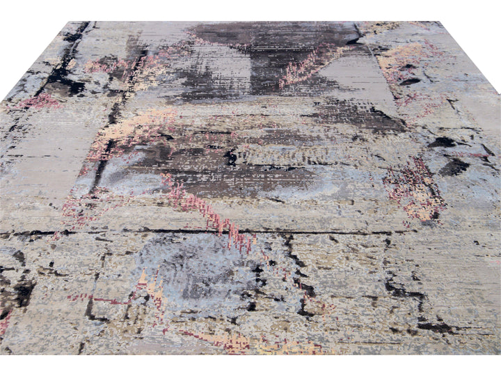 Modern Indian Handmade Gray Abstract Wool and Silk Rug