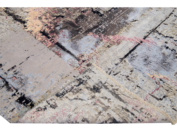 Modern Indian Handmade Gray Abstract Wool and Silk Rug