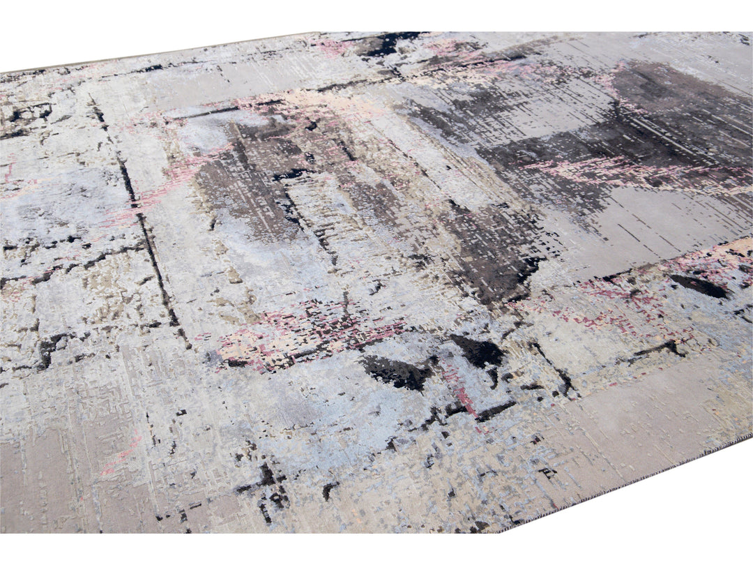 Modern Indian Handmade Gray Abstract Wool and Silk Rug