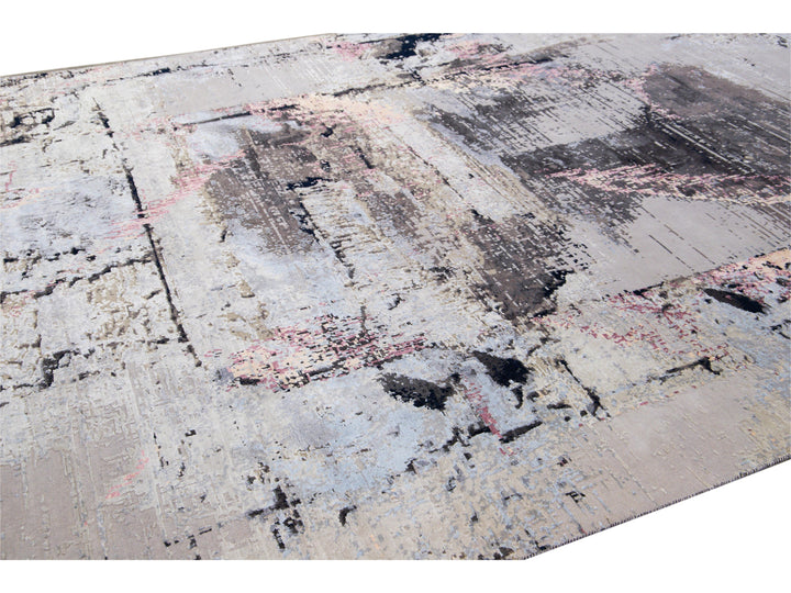 Modern Indian Handmade Gray Abstract Wool and Silk Rug