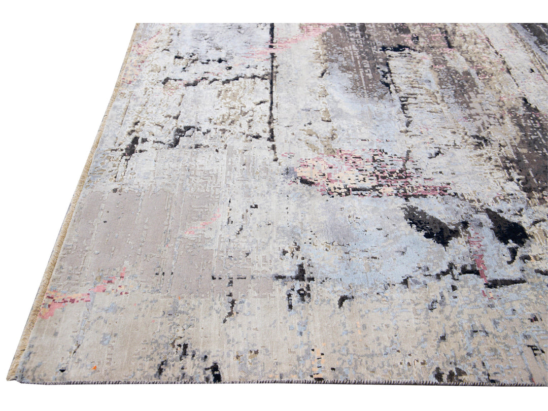 Modern Indian Handmade Gray Abstract Wool and Silk Rug