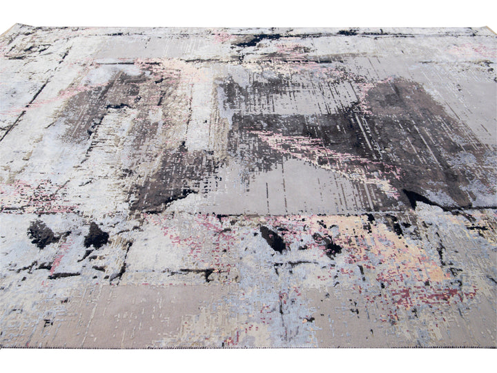 Modern Indian Handmade Gray Abstract Wool and Silk Rug