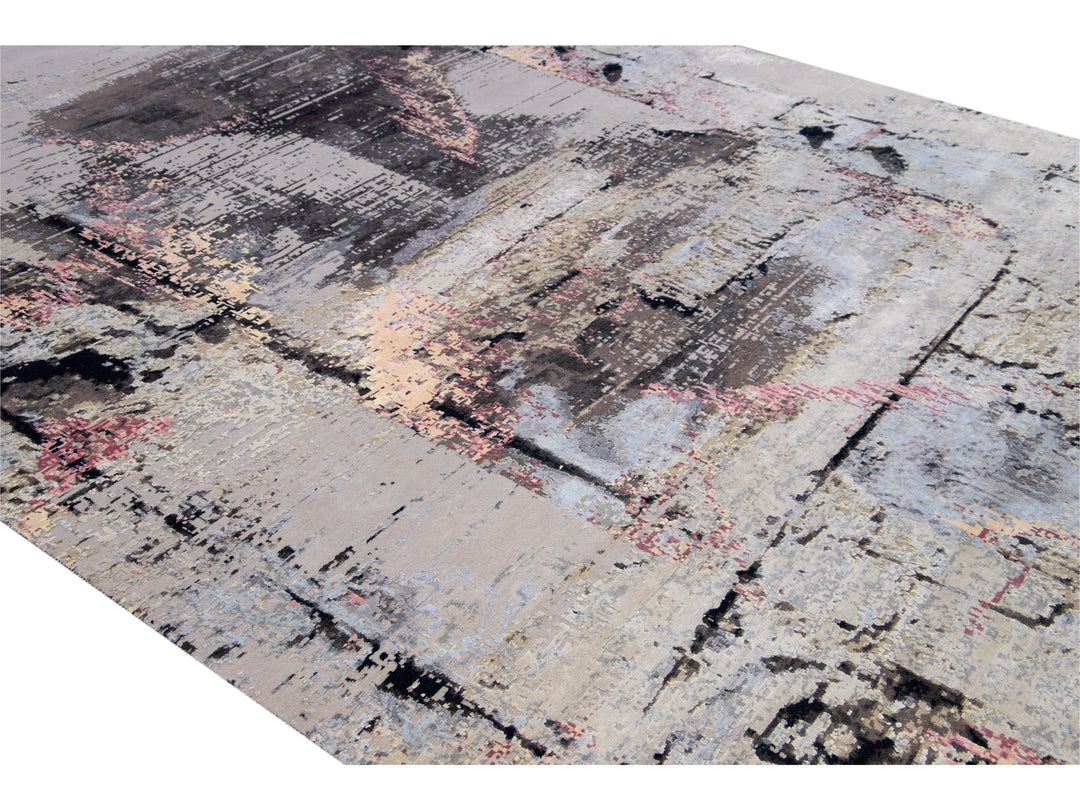 Modern Indian Handmade Gray Abstract Wool and Silk Rug