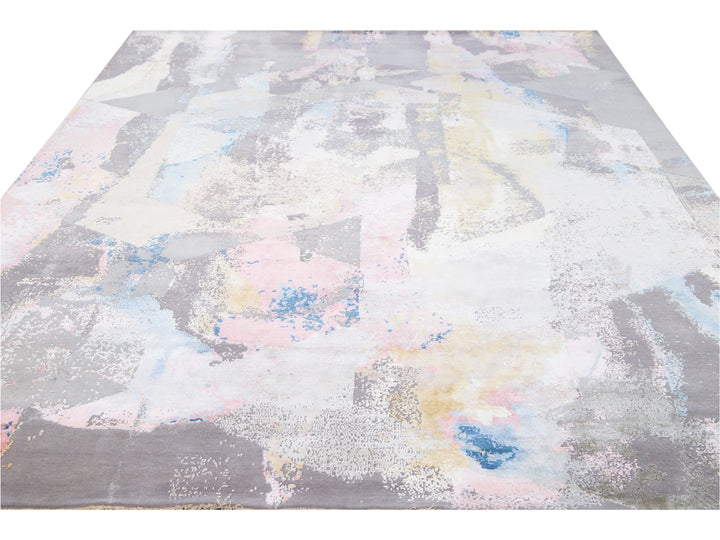 Modern Indian Handmade Multicolor Abstract Wool and Silk Rug