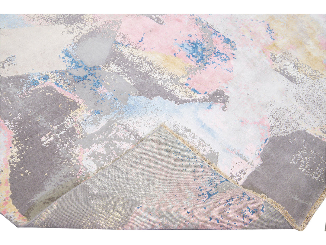 Modern Indian Handmade Multicolor Abstract Wool and Silk Rug