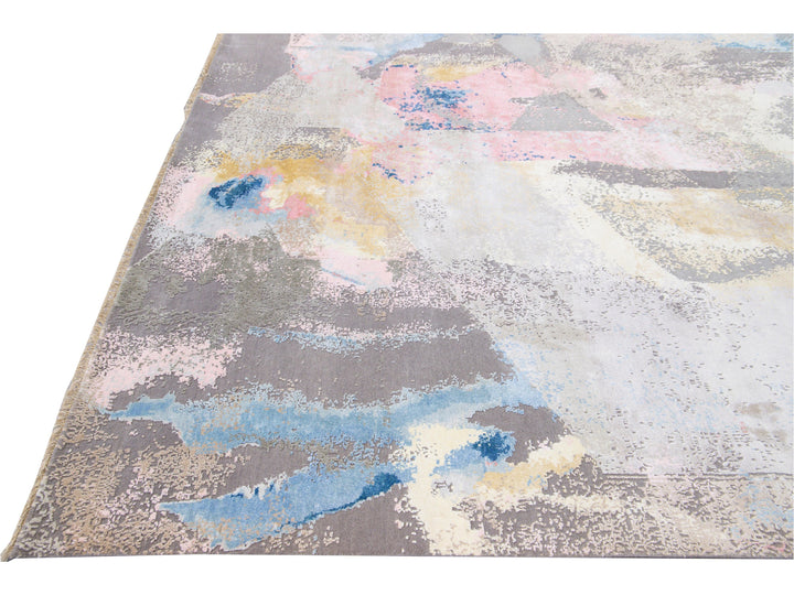 Modern Indian Handmade Multicolor Abstract Wool and Silk Rug