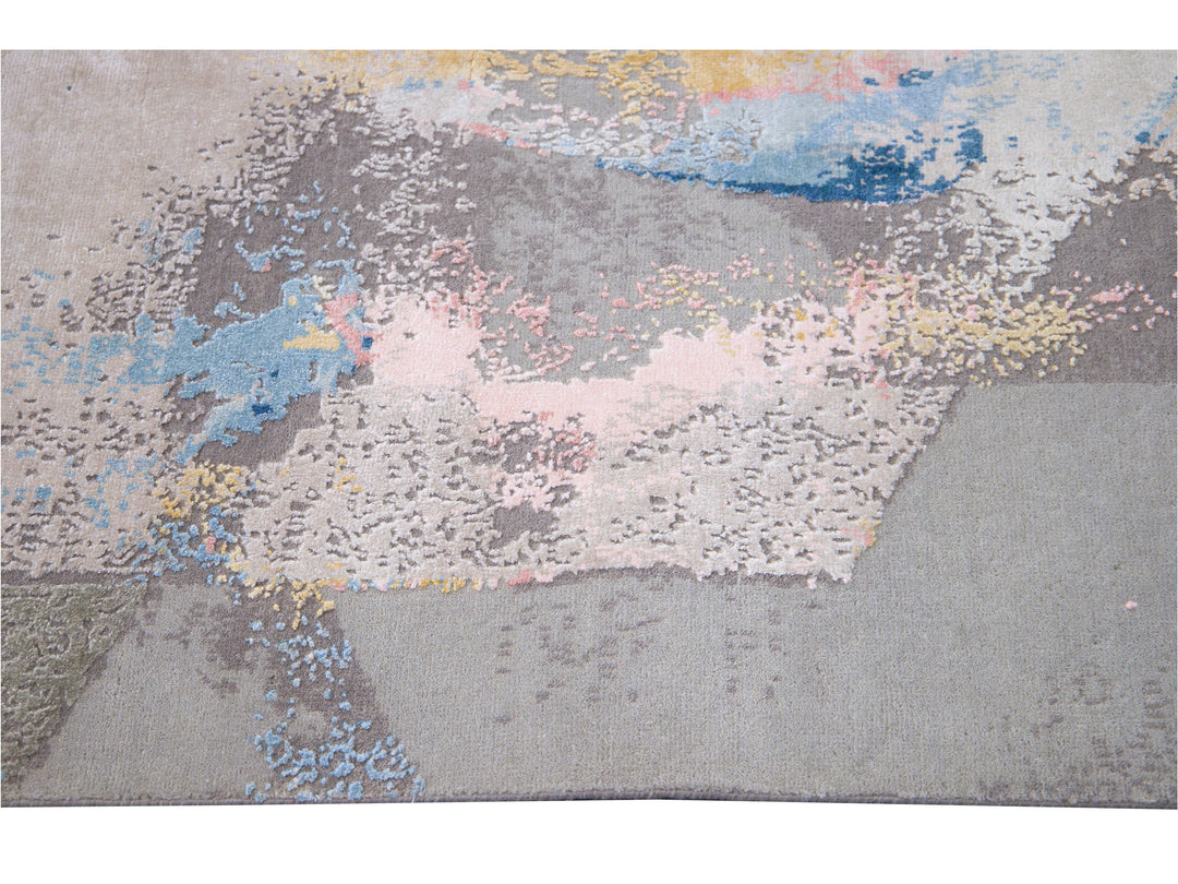Modern Indian Handmade Multicolor Abstract Wool and Silk Rug