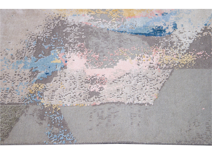 Modern Indian Handmade Multicolor Abstract Wool and Silk Rug