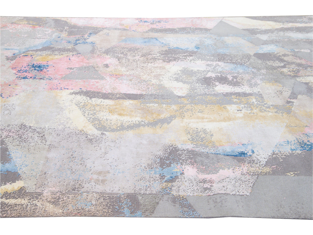 Modern Indian Handmade Multicolor Abstract Wool and Silk Rug