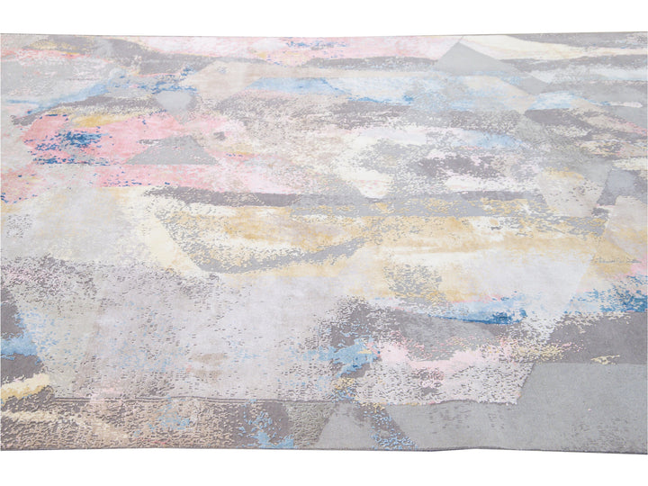 Modern Indian Handmade Multicolor Abstract Wool and Silk Rug