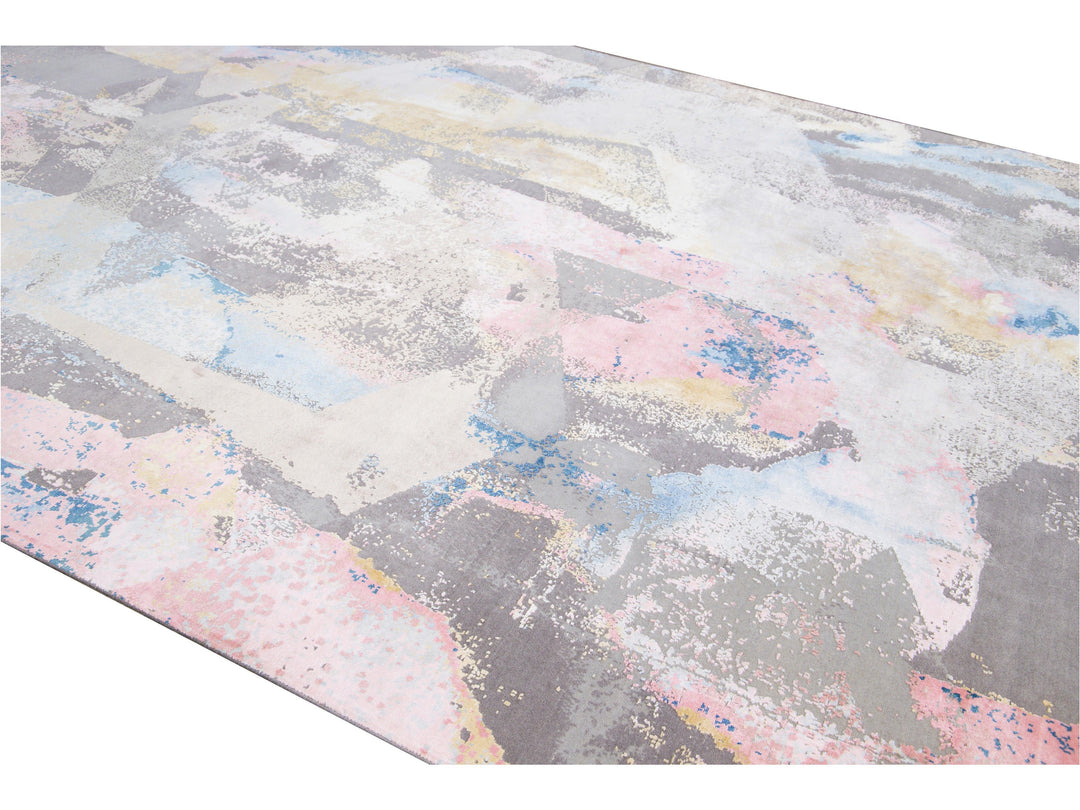 Modern Indian Handmade Multicolor Abstract Wool and Silk Rug