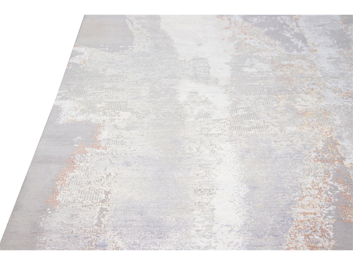 Modern Indian Handmade Beige and Gray Abstract Wool and Silk Rug