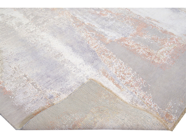 Modern Indian Handmade Beige and Gray Abstract Wool and Silk Rug