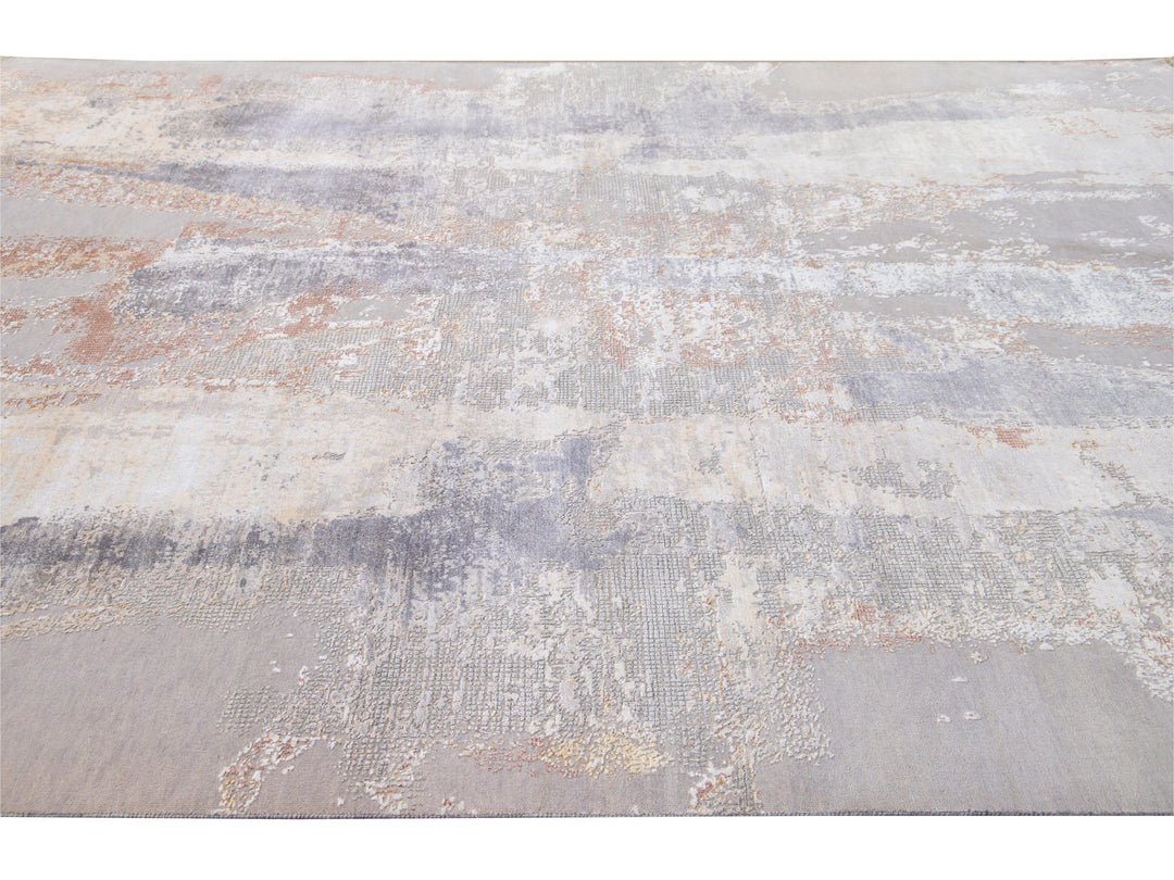 Modern Indian Handmade Beige and Gray Abstract Wool and Silk Rug