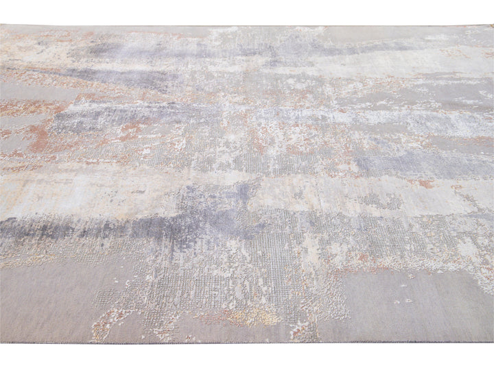 Modern Indian Handmade Beige and Gray Abstract Wool and Silk Rug