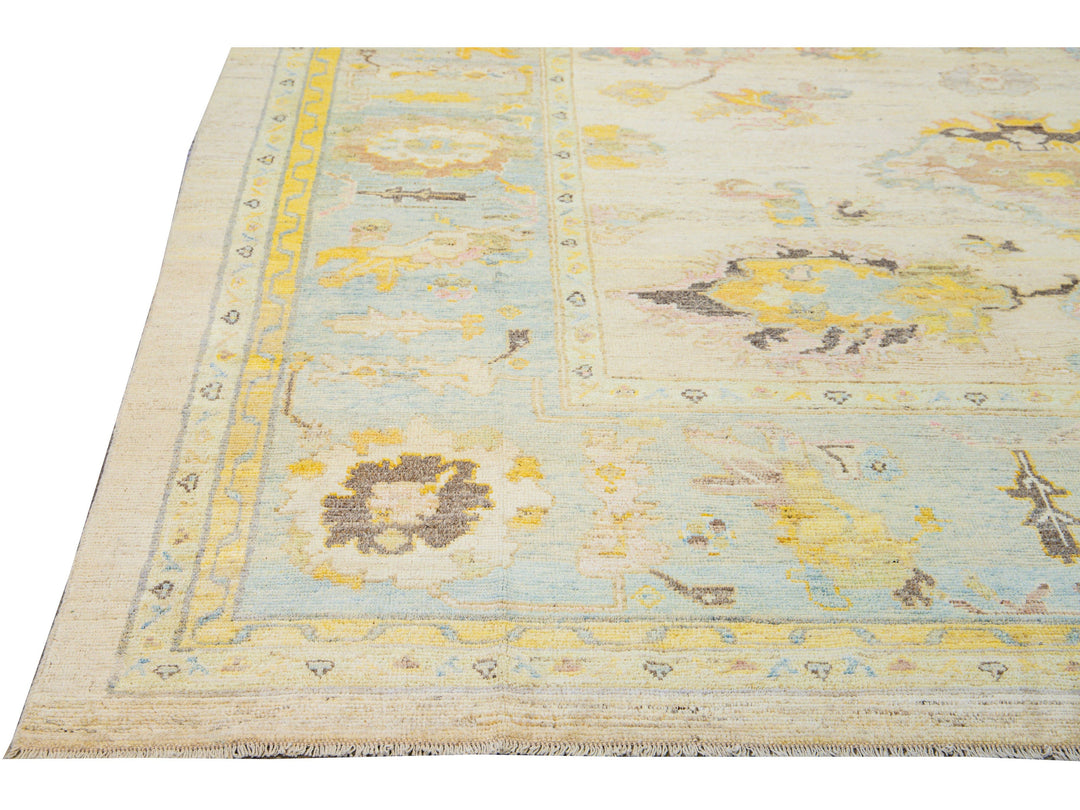 Modern Oushak Handmade Floral Yellow Wool Rug