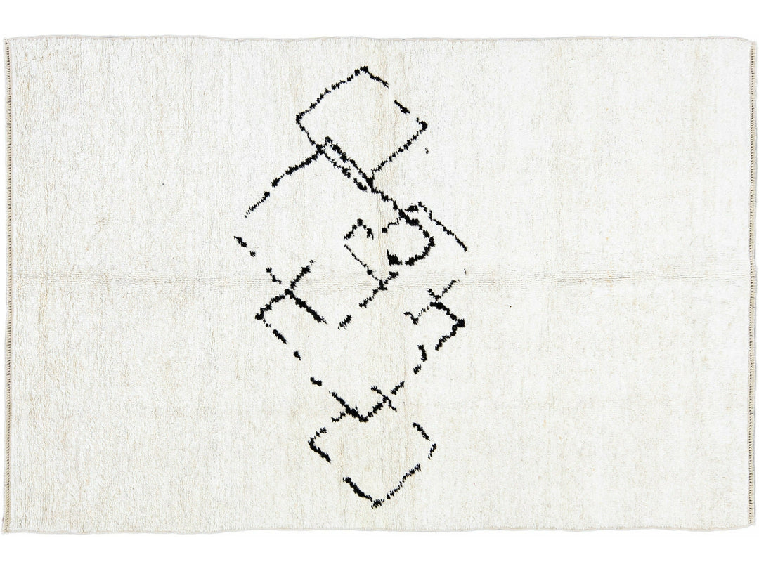Ivory Modern Moroccan Handmade Minimalism Center Design Wool Rug