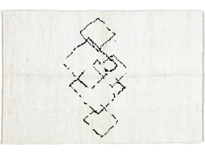 Ivory Modern Moroccan Handmade Minimalism Center Design Wool Rug