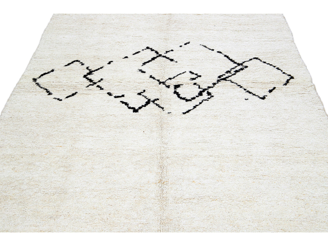 Ivory Modern Moroccan Handmade Minimalism Center Design Wool Rug
