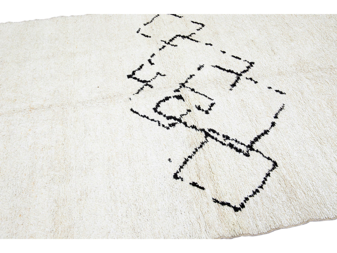 Ivory Modern Moroccan Handmade Minimalism Center Design Wool Rug